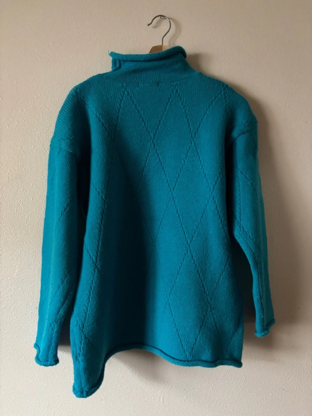 Vintage J Crew Blue Roll Neck Wool Sweater Diamond Print Size large